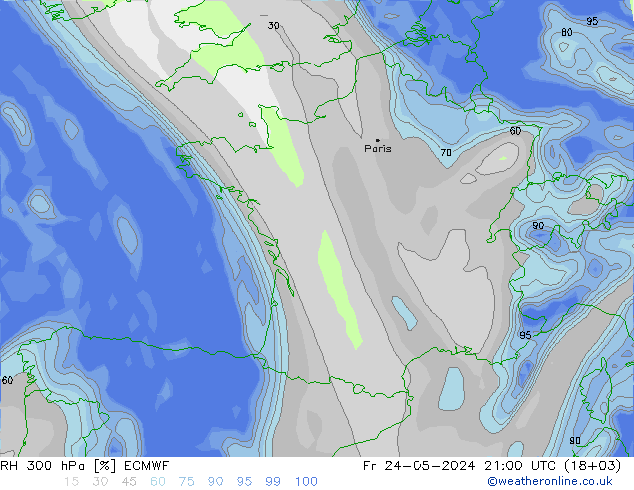 Humidité rel. 300 hPa ECMWF ven 24.05.2024 21 UTC