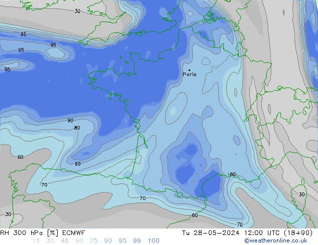 RH 300 hPa ECMWF Tu 28.05.2024 12 UTC