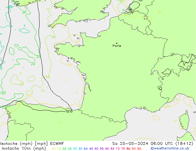 Isotachs (mph) ECMWF сб 25.05.2024 06 UTC