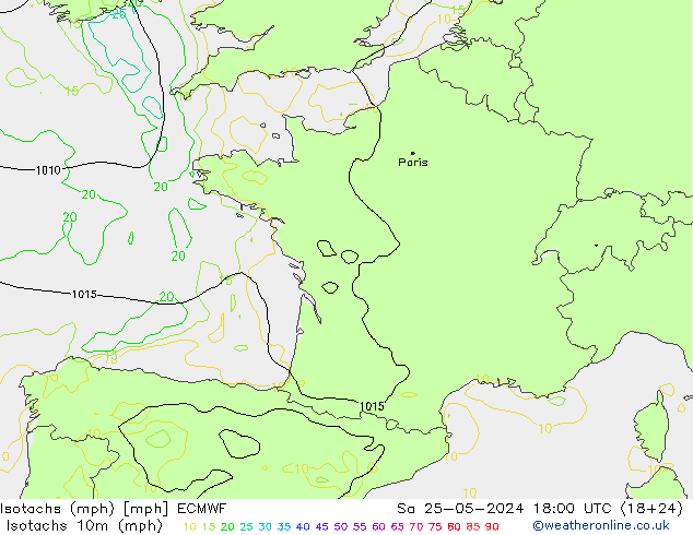 Izotacha (mph) ECMWF so. 25.05.2024 18 UTC