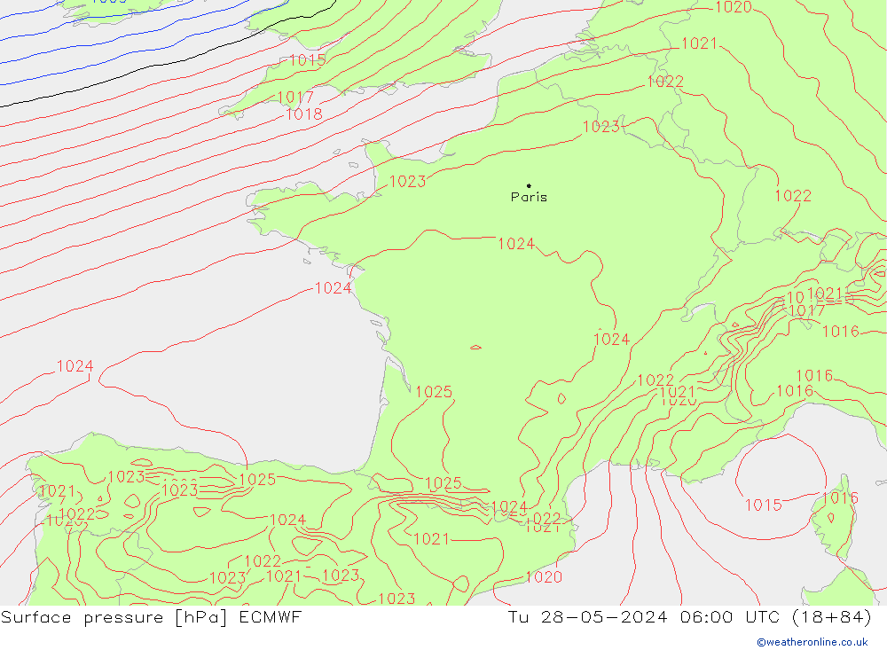 Atmosférický tlak ECMWF Út 28.05.2024 06 UTC