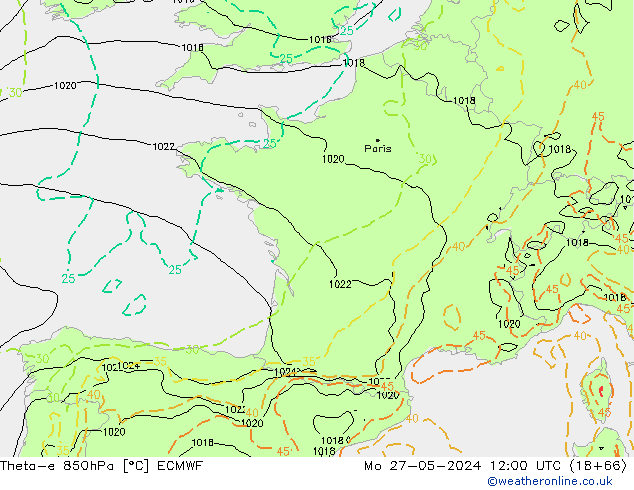 Theta-e 850гПа ECMWF пн 27.05.2024 12 UTC