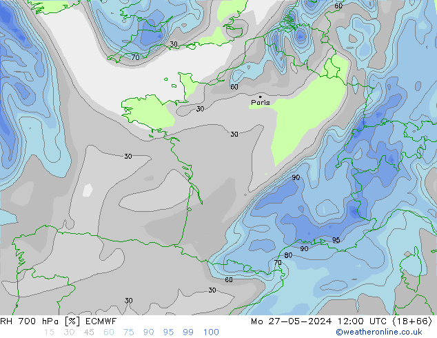 Humidité rel. 700 hPa ECMWF lun 27.05.2024 12 UTC
