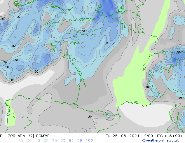 RH 700 hPa ECMWF Tu 28.05.2024 12 UTC