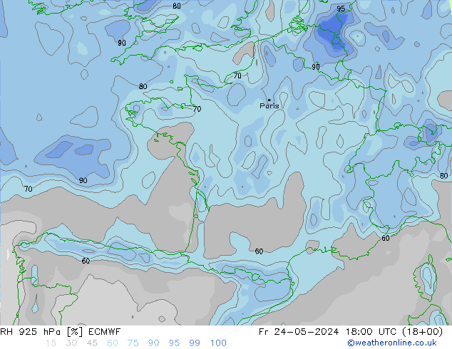 Humedad rel. 925hPa ECMWF vie 24.05.2024 18 UTC