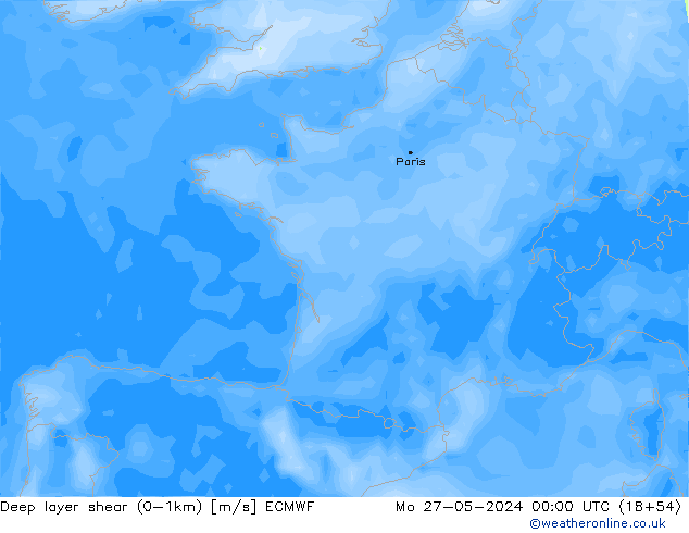 Deep layer shear (0-1km) ECMWF Mo 27.05.2024 00 UTC