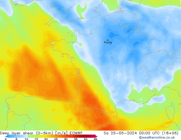 Deep layer shear (0-6km) ECMWF Sa 25.05.2024 00 UTC