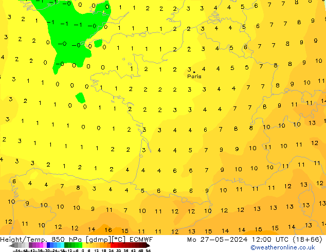 Géop./Temp. 850 hPa ECMWF lun 27.05.2024 12 UTC