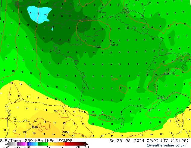 SLP/Temp. 850 hPa ECMWF Sa 25.05.2024 00 UTC