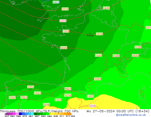 Thck 700-1000 hPa ECMWF Mo 27.05.2024 00 UTC