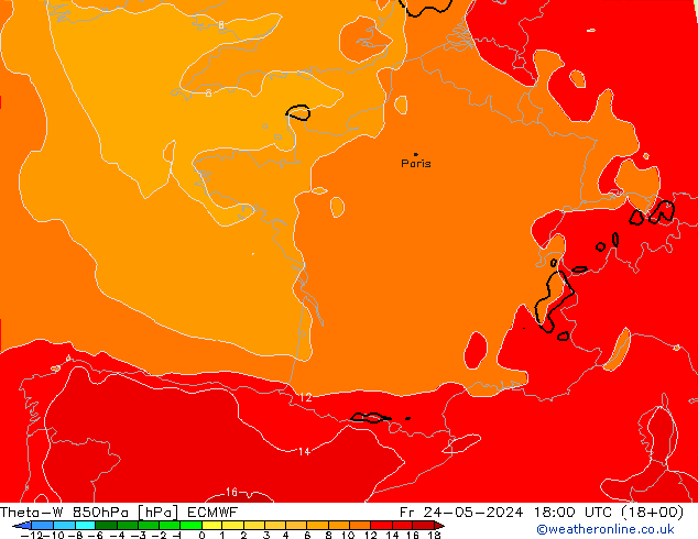 Theta-W 850hPa ECMWF Cu 24.05.2024 18 UTC