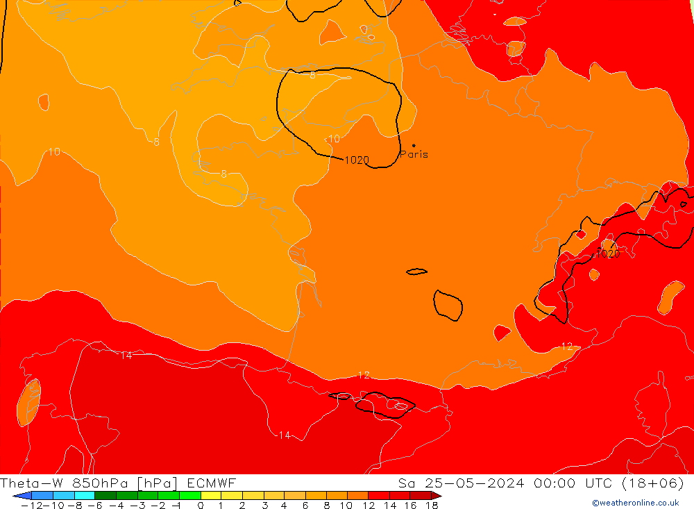 Theta-W 850hPa ECMWF za 25.05.2024 00 UTC