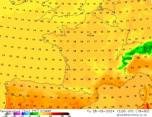 mapa temperatury (2m) ECMWF wto. 28.05.2024 12 UTC