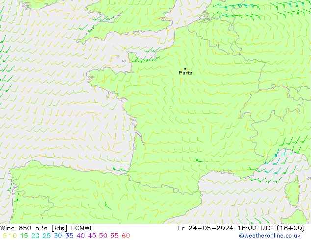 Viento 850 hPa ECMWF vie 24.05.2024 18 UTC