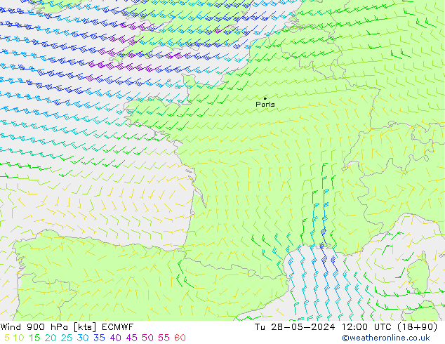 Wind 900 hPa ECMWF Út 28.05.2024 12 UTC