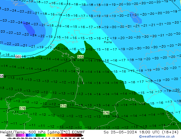 Z500/Rain (+SLP)/Z850 ECMWF Sa 25.05.2024 18 UTC