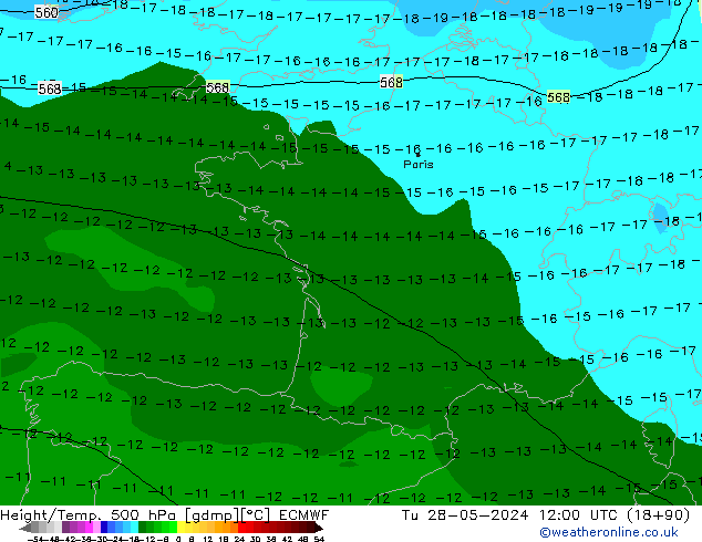 Height/Temp. 500 hPa ECMWF Tu 28.05.2024 12 UTC