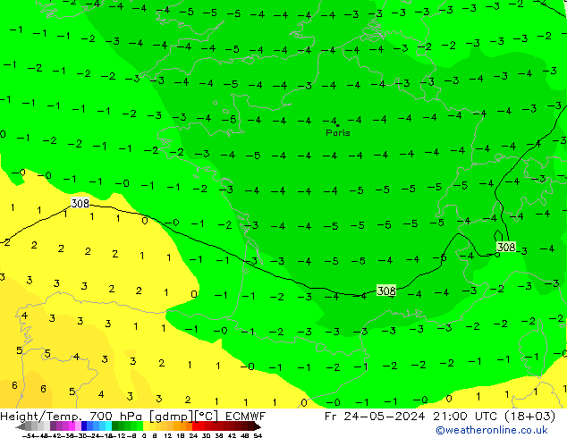 Hoogte/Temp. 700 hPa ECMWF vr 24.05.2024 21 UTC