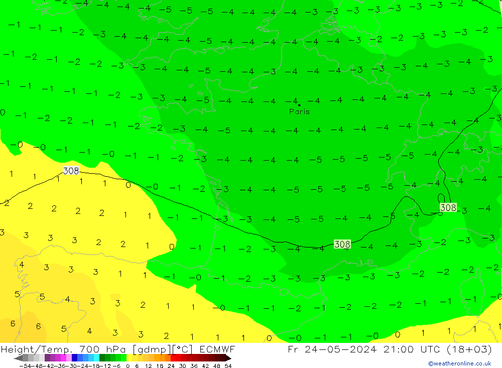 Height/Temp. 700 hPa ECMWF Pá 24.05.2024 21 UTC