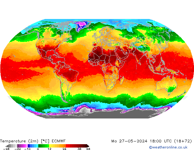 Temperatuurkaart (2m) ECMWF ma 27.05.2024 18 UTC