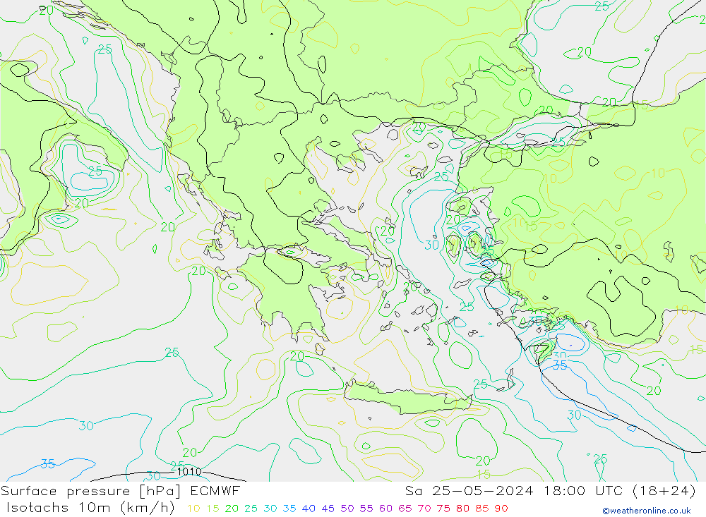 Isotachs (kph) ECMWF sab 25.05.2024 18 UTC