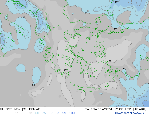 Humidité rel. 925 hPa ECMWF mar 28.05.2024 12 UTC