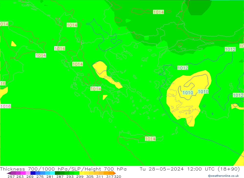 Thck 700-1000 hPa ECMWF mar 28.05.2024 12 UTC