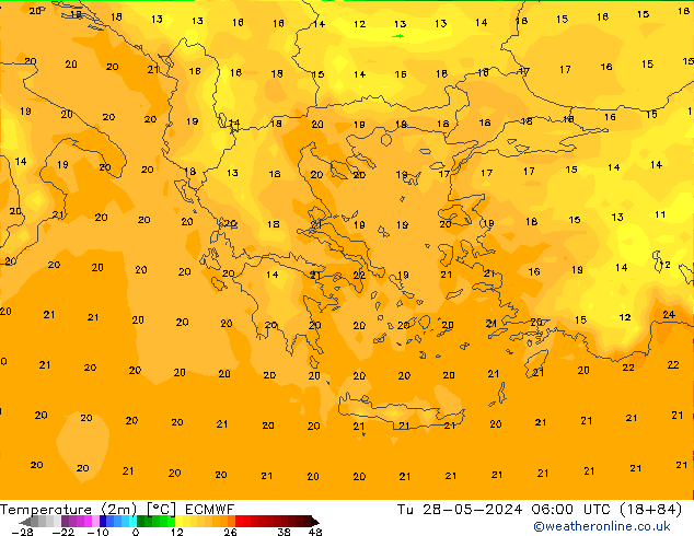 mapa temperatury (2m) ECMWF wto. 28.05.2024 06 UTC