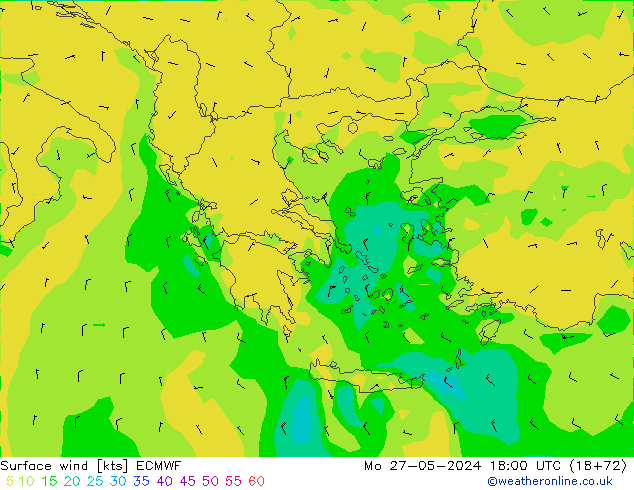 wiatr 10 m ECMWF pon. 27.05.2024 18 UTC