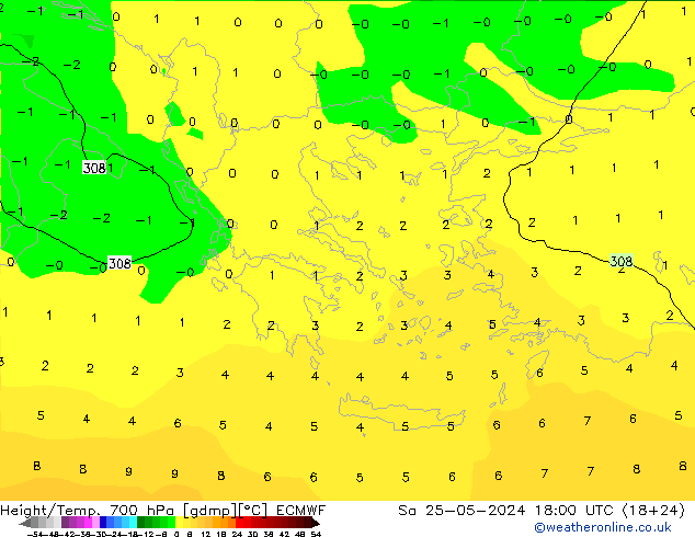 Height/Temp. 700 гПа ECMWF сб 25.05.2024 18 UTC