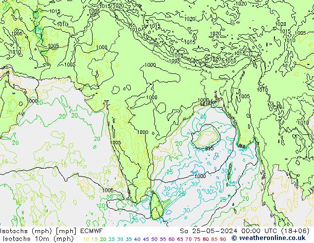 Isotachs (mph) ECMWF sam 25.05.2024 00 UTC