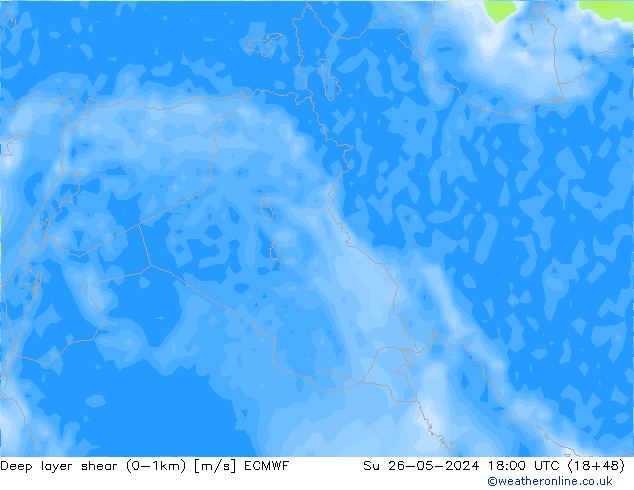 Deep layer shear (0-1km) ECMWF nie. 26.05.2024 18 UTC