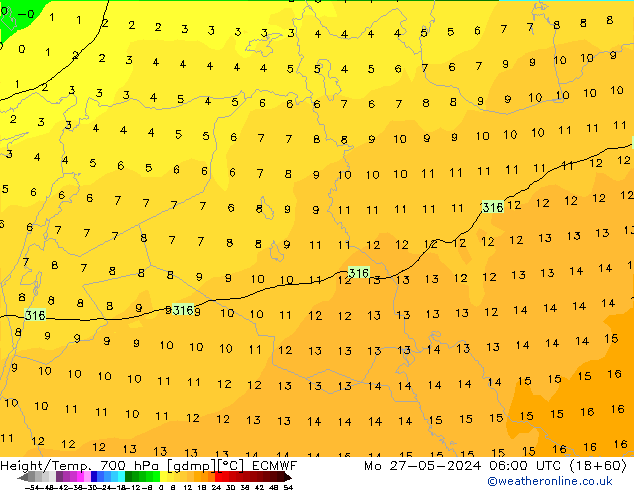 Height/Temp. 700 hPa ECMWF Mo 27.05.2024 06 UTC