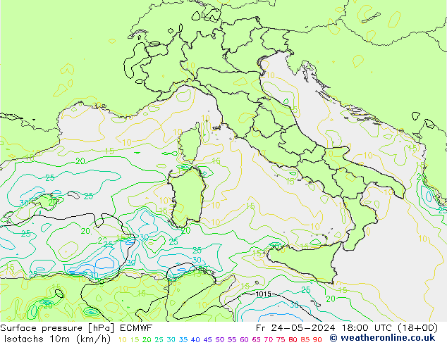 Eşrüzgar Hızları (km/sa) ECMWF Cu 24.05.2024 18 UTC