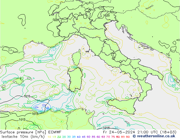 Isotachs (kph) ECMWF пт 24.05.2024 21 UTC