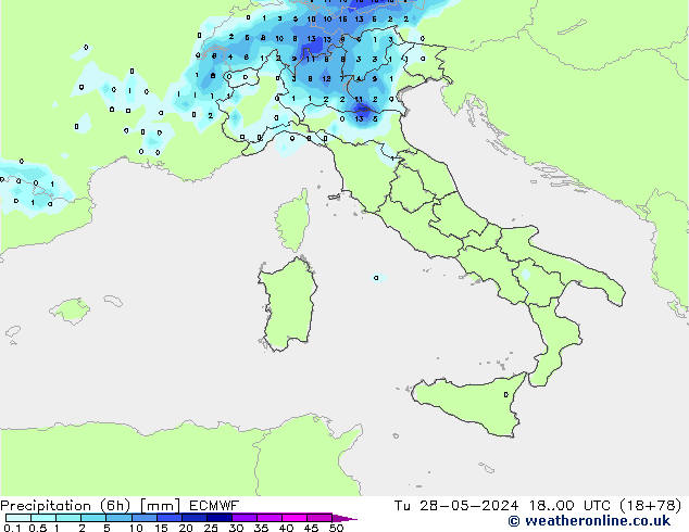 Precipitation (6h) ECMWF Tu 28.05.2024 00 UTC