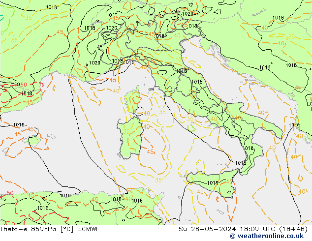 Theta-e 850гПа ECMWF Вс 26.05.2024 18 UTC