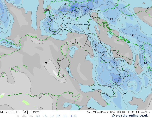 Humidité rel. 850 hPa ECMWF dim 26.05.2024 00 UTC