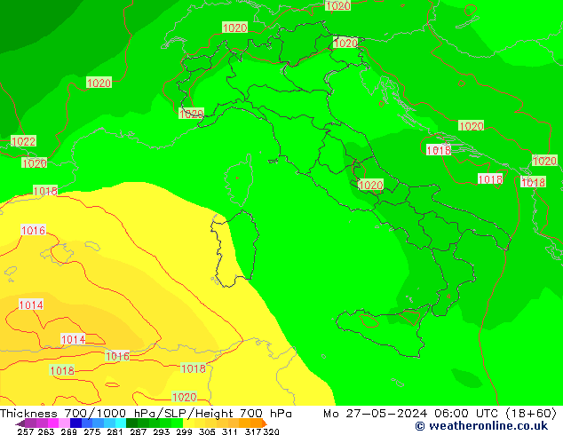 Espesor 700-1000 hPa ECMWF lun 27.05.2024 06 UTC