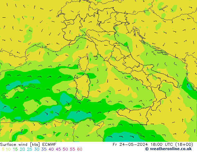 Rüzgar 10 m ECMWF Cu 24.05.2024 18 UTC