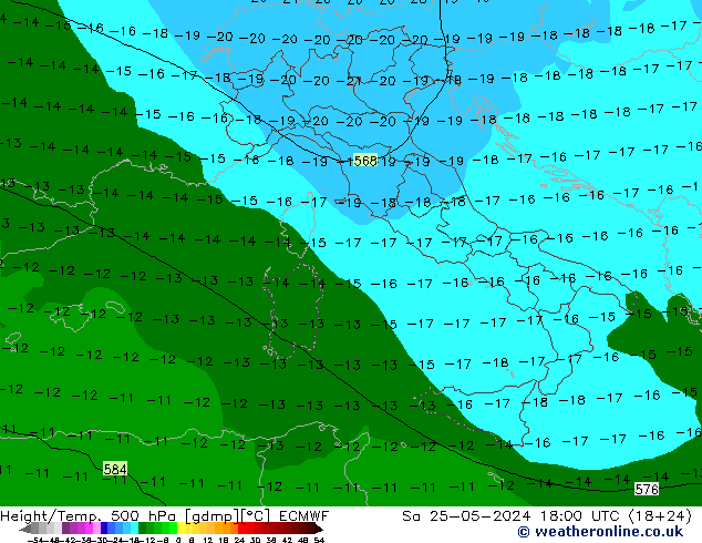 Height/Temp. 500 hPa ECMWF Sa 25.05.2024 18 UTC