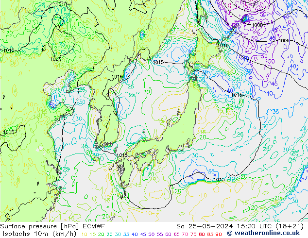 Izotacha (km/godz) ECMWF so. 25.05.2024 15 UTC