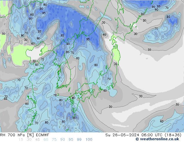 RH 700 hPa ECMWF Su 26.05.2024 06 UTC