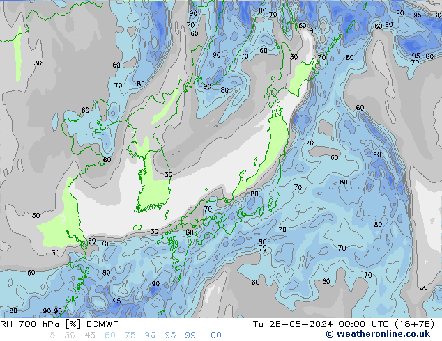 RH 700 hPa ECMWF Út 28.05.2024 00 UTC