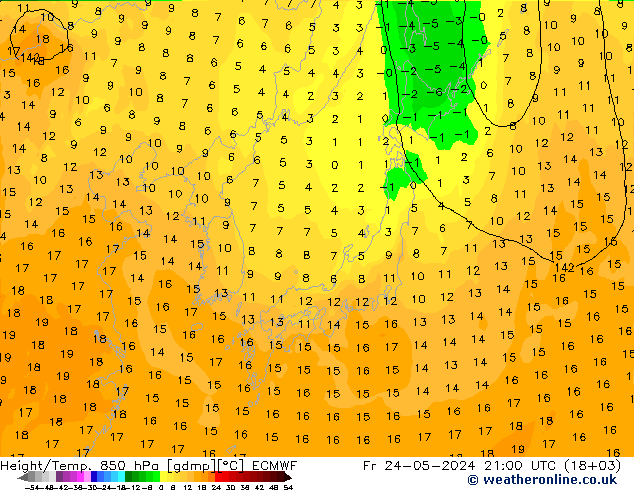 Geop./Temp. 850 hPa ECMWF vie 24.05.2024 21 UTC