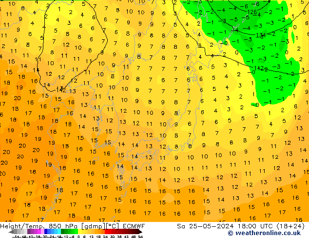 Yükseklik/Sıc. 850 hPa ECMWF Cts 25.05.2024 18 UTC