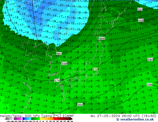 Z500/Rain (+SLP)/Z850 ECMWF Mo 27.05.2024 06 UTC