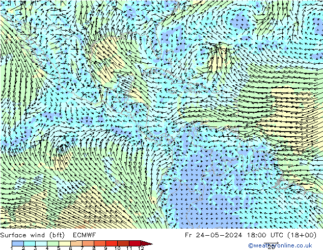 Surface wind (bft) ECMWF Fr 24.05.2024 18 UTC