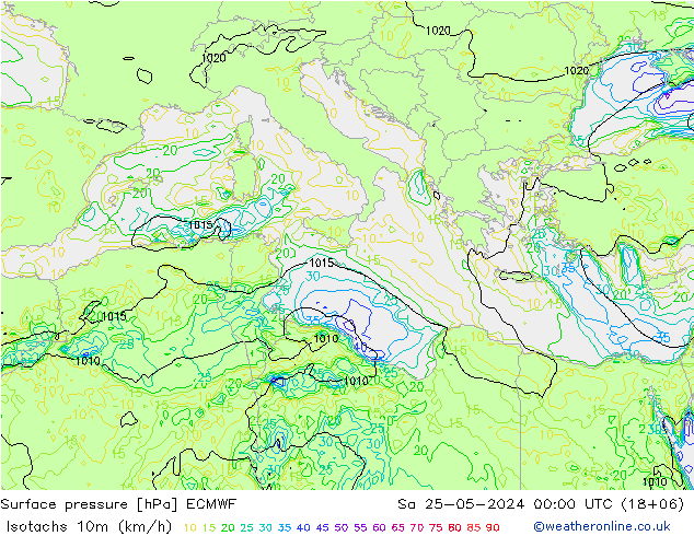 Isotaca (kph) ECMWF sáb 25.05.2024 00 UTC