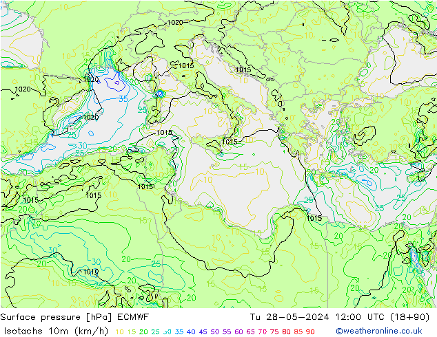 Isotachen (km/h) ECMWF di 28.05.2024 12 UTC